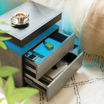 Nightstand LED Bedside Table Cabinet Lights Modern End Side With 2 Drawers For Bedroom Black Gray