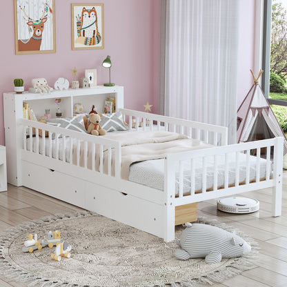 Twin Size Bed With Headboard Storage Rack, Two Under-Bed Drawers, Three-Side Guardrails For Safety And Security,White