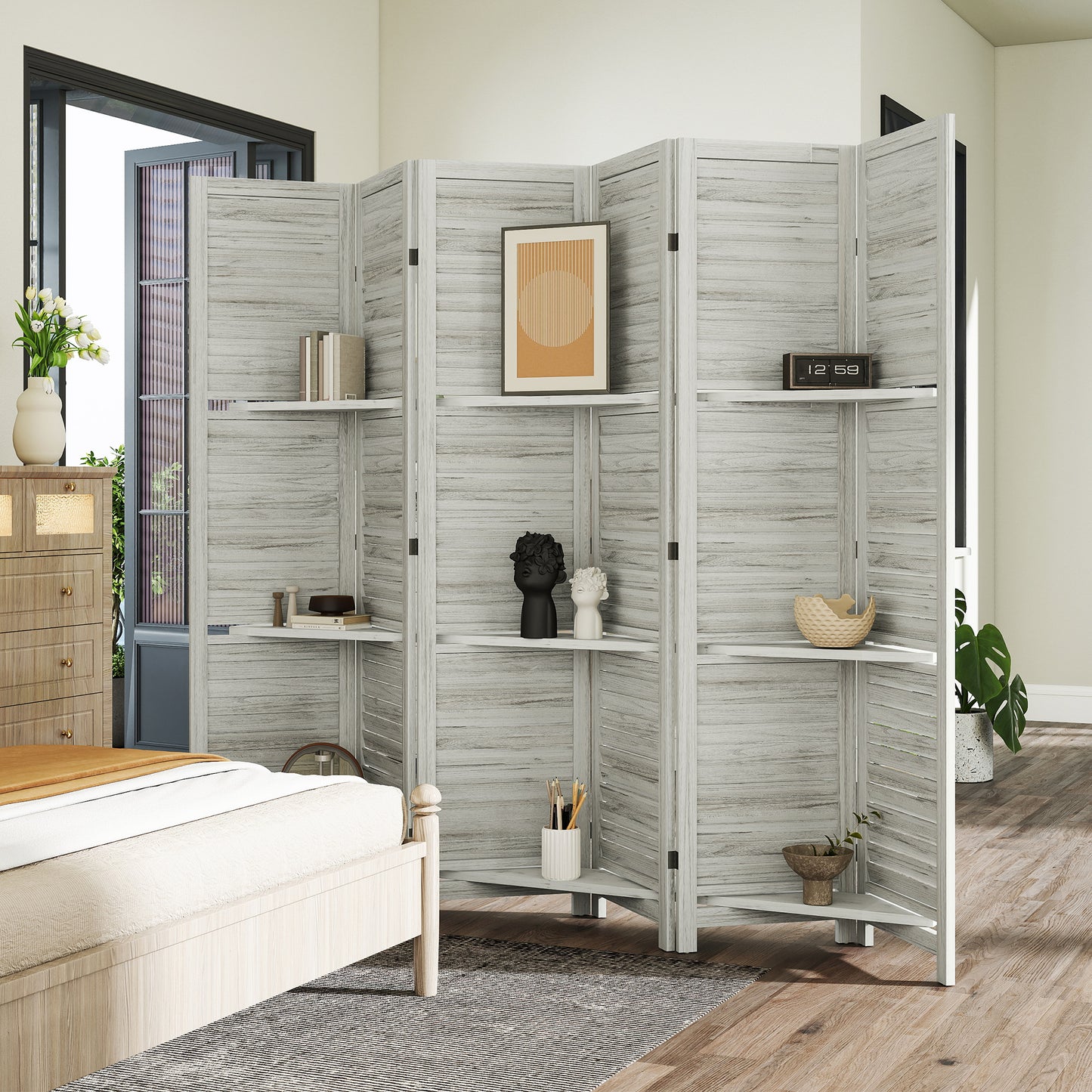 6 Panel 67" Tall Wood Privacy Screen Room Divider with 3 Shelves and Folding Storage for Bedroom, White