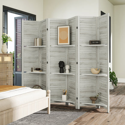6 Panel 67" Tall Wood Privacy Screen Room Divider with 3 Shelves and Folding Storage for Bedroom, White