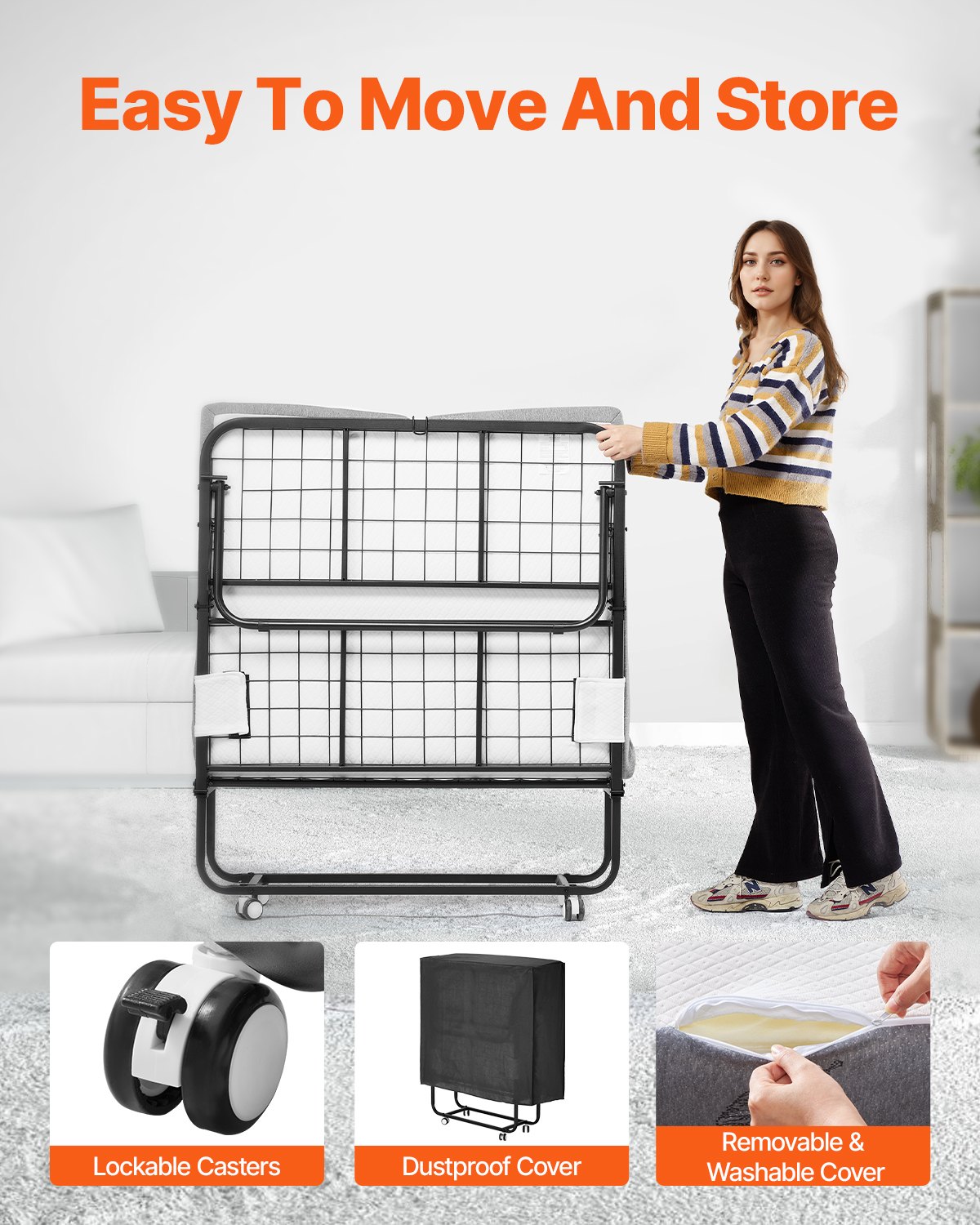 Rollaway Bed, 38 In X 75 In Folding Bed With 5 In Mattress, Twin Size Foldable Bed With Sturdy Metal Frame & Memory Foam Mattress, Portable Twin Roll Away Bed With Mattress, For Adults, Guest