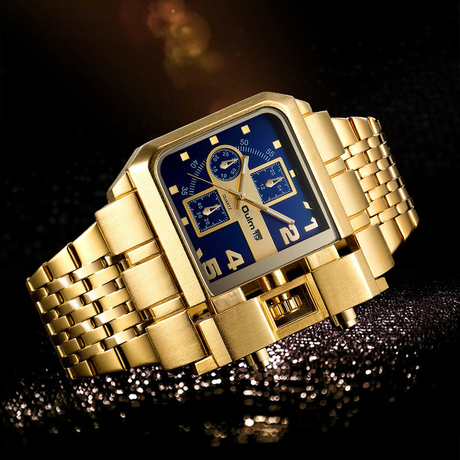 Steel-band Square Quartz Mens Watch With Calendar