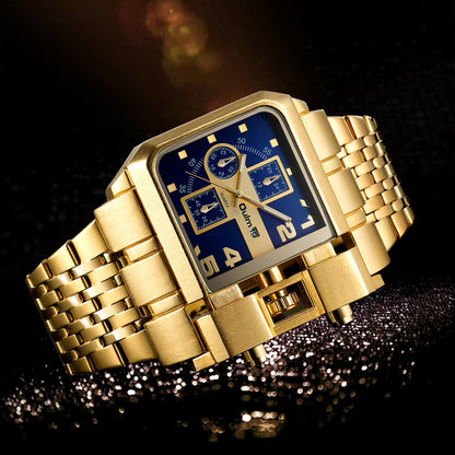 Steel-band Square Quartz Mens Watch With Calendar