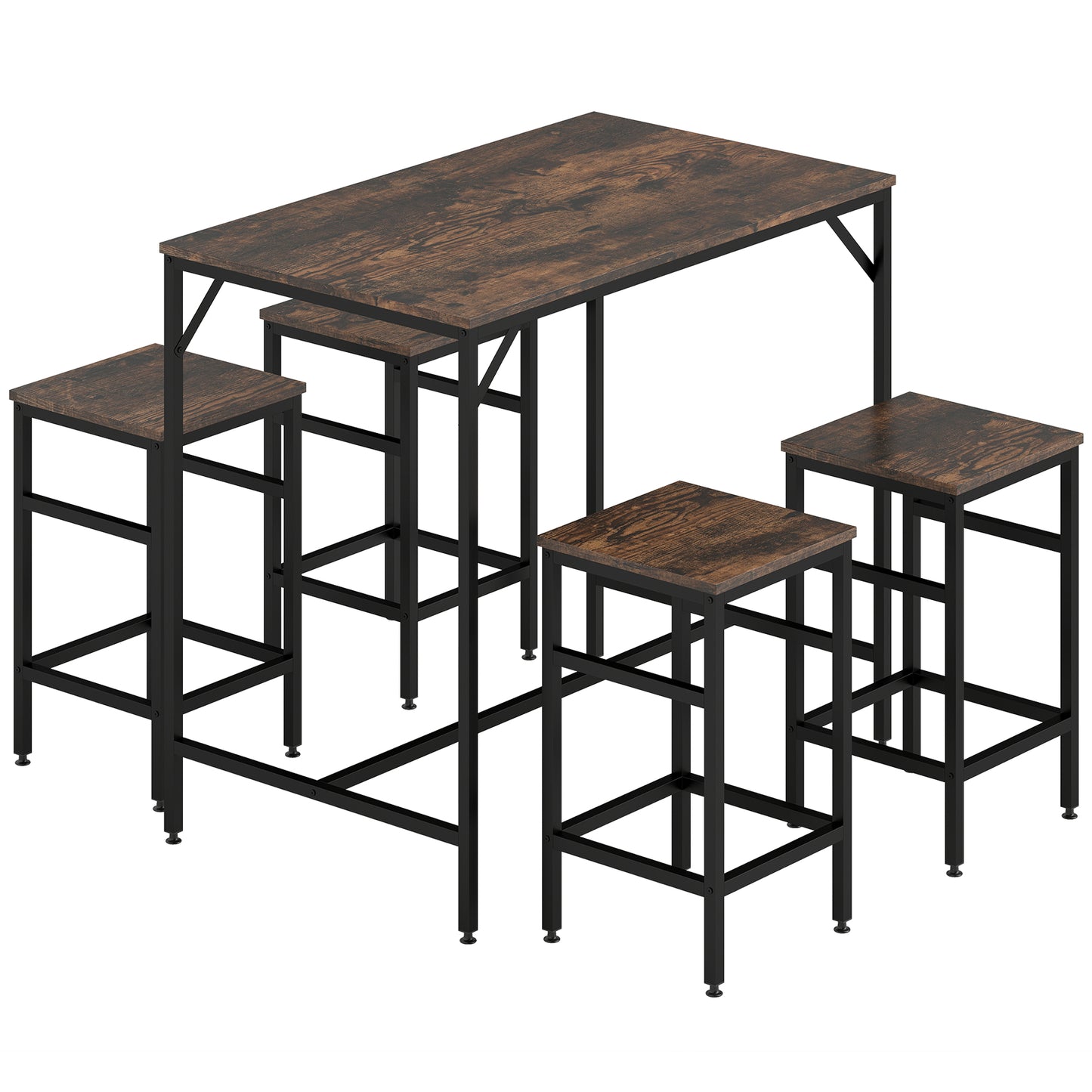 5-Piece Breakfast Bar Table And Stools Set, Kitchen Bar Table Set With High Table And 4 Stools, Space Saving Compact Dining Furniture For Small Spaces, Rustic Brown