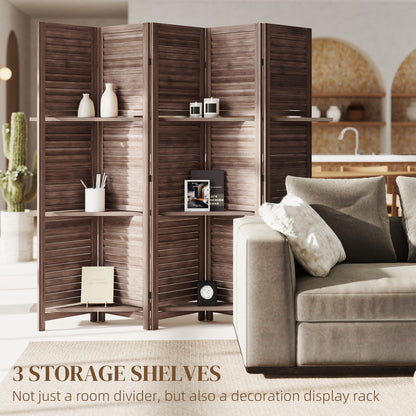 5 Panel 67" Tall Wood Privacy Screen Room Divider with 3 Shelves and Folding Storage for Bedroom, Walnut