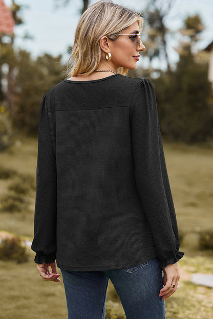 Eyelet Round Neck Flounce Sleeve T-Shirt
