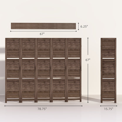 5 Panel 67" Tall Wood Privacy Screen Room Divider with 3 Shelves and Folding Storage for Bedroom, Walnut