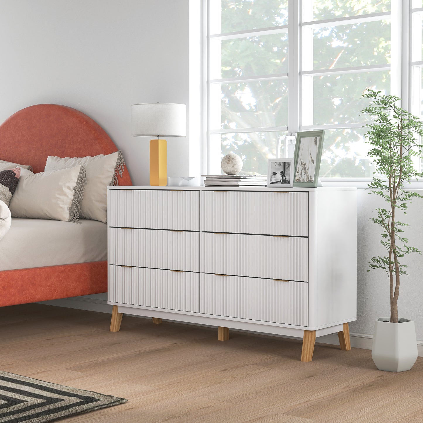 6 Drawer Double Dresser for Bedroom, Fluted Chest of Drawers with Gold Finger Pulls and 5 Wood Legs, White