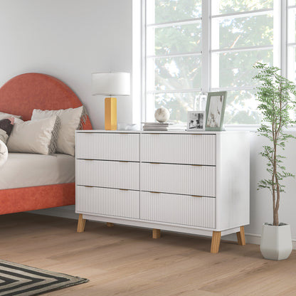 6 Drawer Double Dresser for Bedroom, Fluted Chest of Drawers with Gold Finger Pulls and 5 Wood Legs, White
