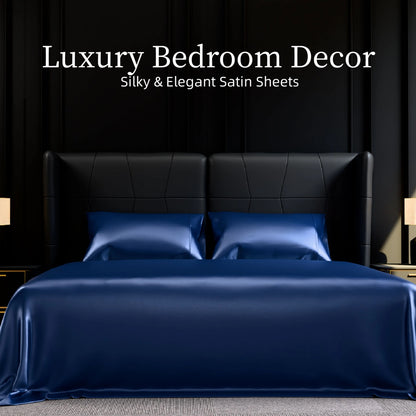 Satin Bed Sheets, Queen Size Sheets Set, 4 Pcs Silky Bedding Set With 15 Inches Deep Pocket For Mattress Queen, Navy Blue