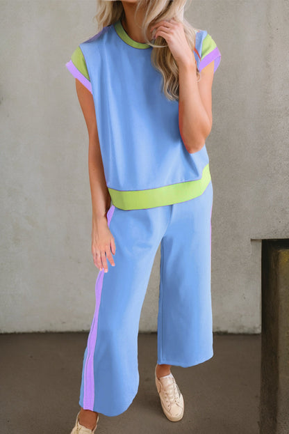 Polyester Two-Piece Set with Contrast Top & Pants