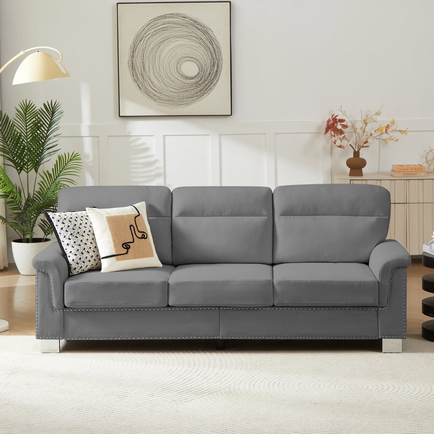 82 Modern Compressed Snowfleece Fabric 3-Seater Sofa, For Living Room, Bedroom, Office & Entertainment Spaces, Gray