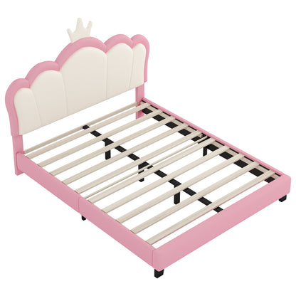 Full Size Upholstered Princess Bed With Crown Headboard,Full Size Platform Bed With Headboard And Footboard, Cream Pink