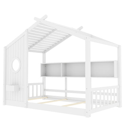 Twin Size Floor House Bed For Toddler, Kids Montessori Bed  With Storage Shelf, Playhouse Bed With Roof Design, White