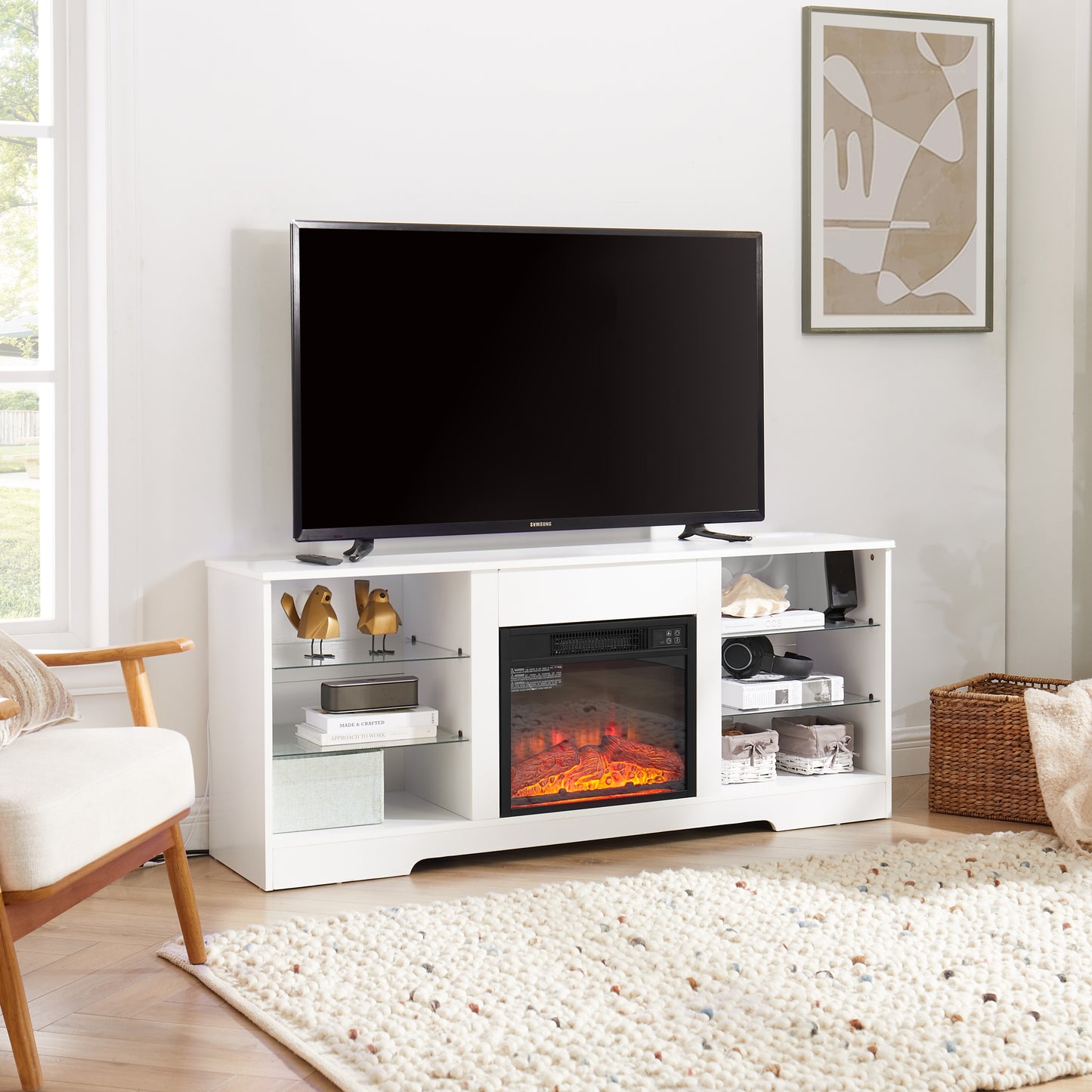 TV Stand Electric Fireplace TV Stand With Glass Shelves, 3D Fireplace TV Stand With LED Lights Wood With USB Charging Outlet Modern Television Table Center For TV Up To 32-62 White 58 W 15.4Dx24.4