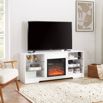 TV Stand Electric Fireplace TV Stand With Glass Shelves, 3D Fireplace TV Stand With LED Lights Wood With USB Charging Outlet Modern Television Table Center For TV Up To 32-62 White 58 W 15.4Dx24.4