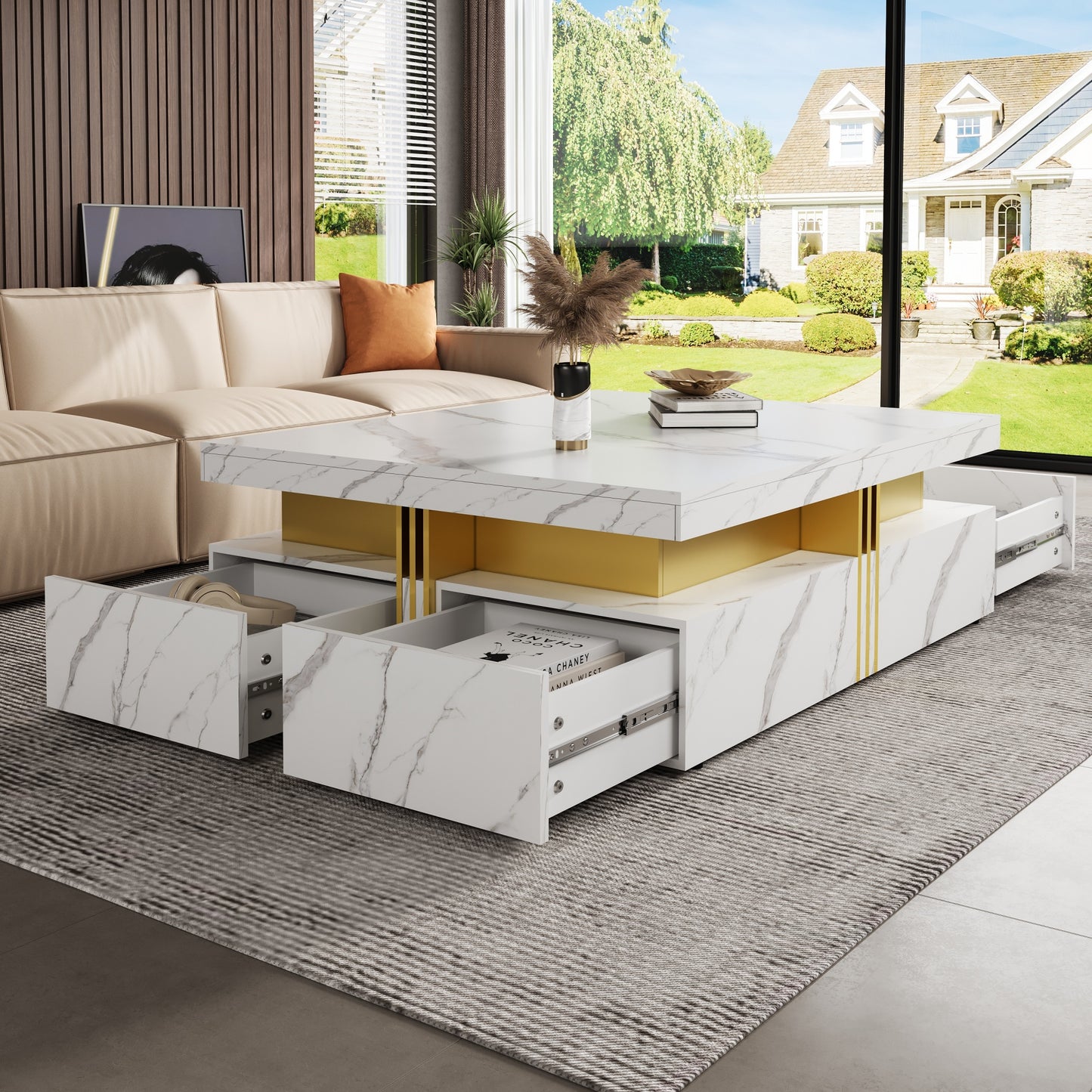 Modern White Square Storage Coffee Table With 4 Drawers