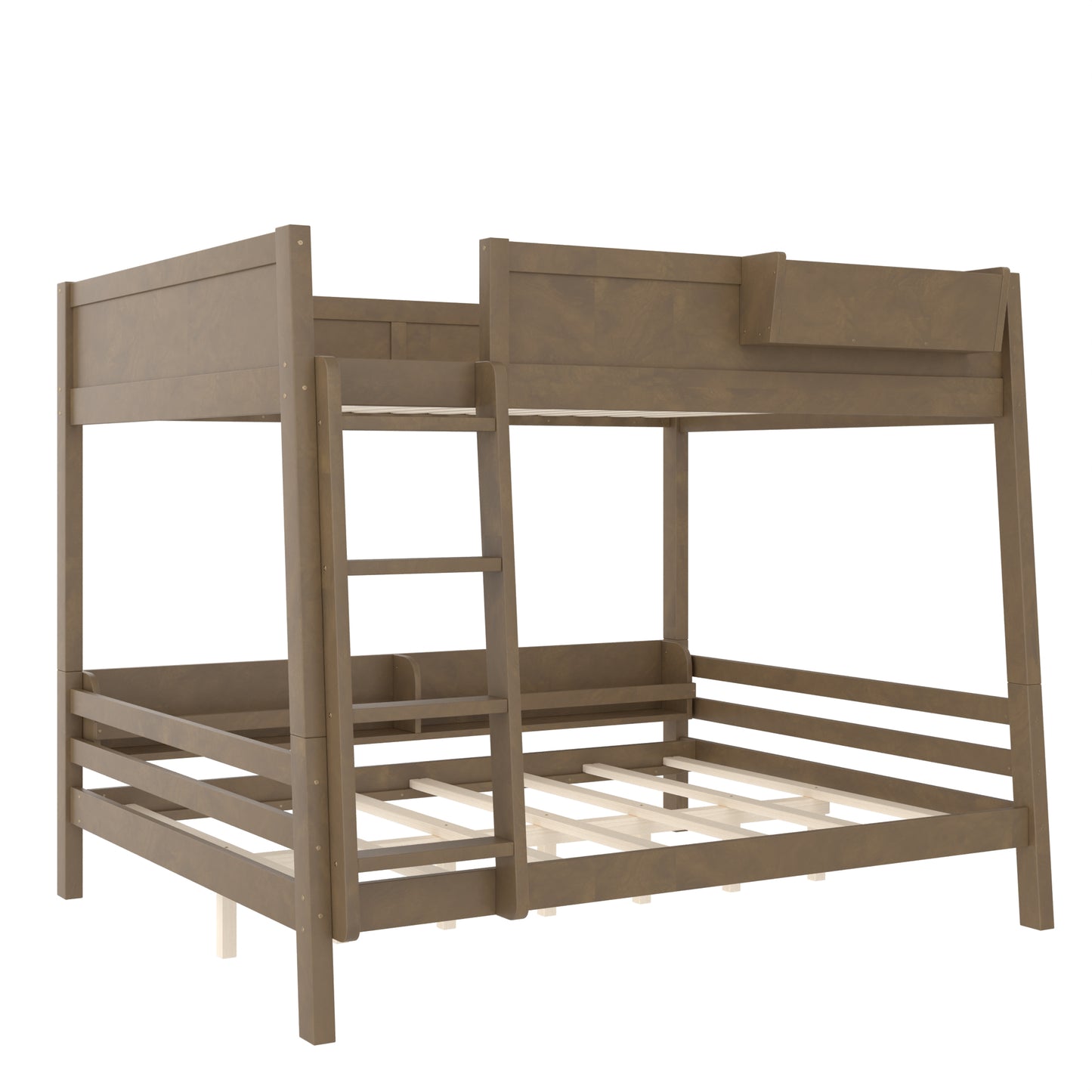 Queen Bunk Bed With  Storage Shelf And Bookshelf,Wood Bunk Bed With Ladder And Guardrails,Detachable Design,Vintage Brown