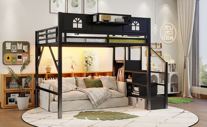 Full Size Loft Bed With Stairs, Metal Full Loft Bed With High And House Shaped Guardrails, High Loft Bed With Wardrobe For Kids Teens, Black