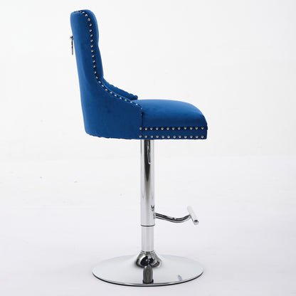 Thick Chrome Swivel Velvet Barstools,Adjustable 25-33 Height,Modern Upholstered With17.7 Base,Tufted Buttons&Diamond Pleating,Sponge&Spring Seat,for Home Pub&Kitchen Island Blue, Set Of 2