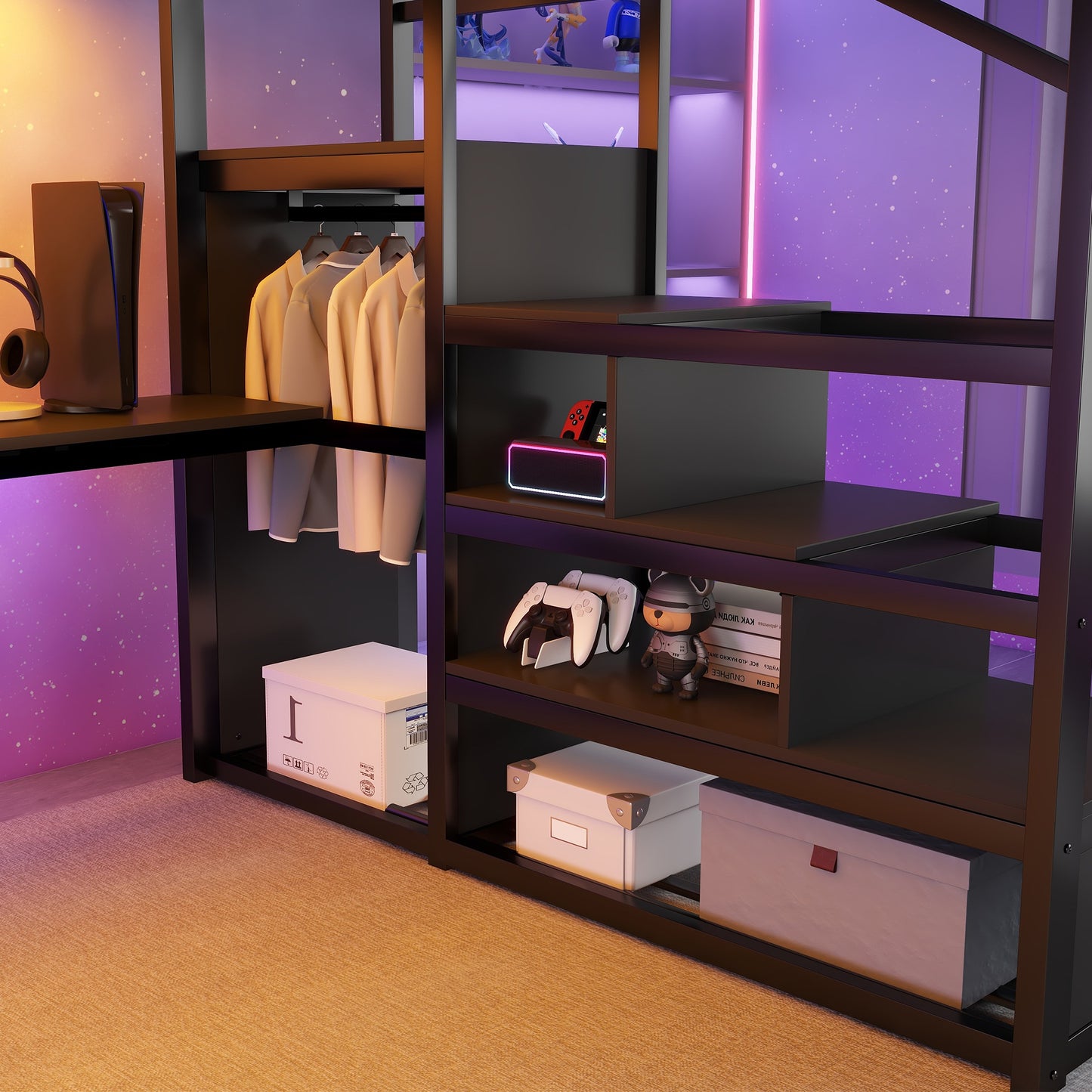 Queen Loft Bed With Desk And Charging Station, Queen Size Metal Loft Bed With Stairs And Light For Kids Teens, Black