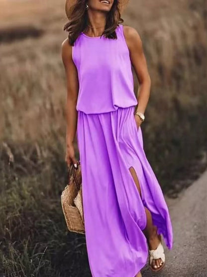Full Size Round Neck Sleeveless Slit Maxi Dress Plus Size