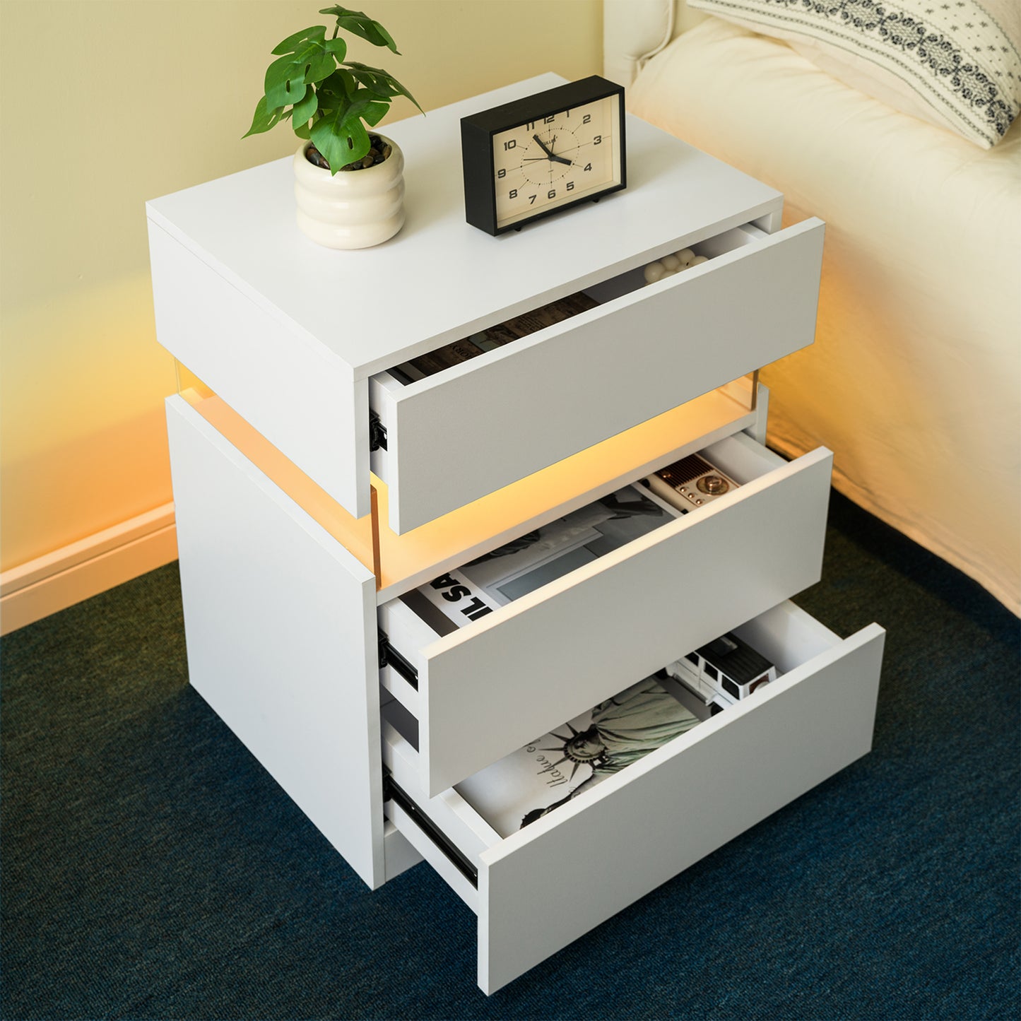 LED Nightstands 3 Drawer Dresser For Bedroom End Table With Acrylic Board LED Bedside Tables For Bedroom Living Room Bedside Furniture White