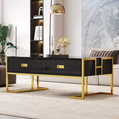 Modern Black Rectangular Coffee Table With 4 Drawers And Gold Base In 47.3