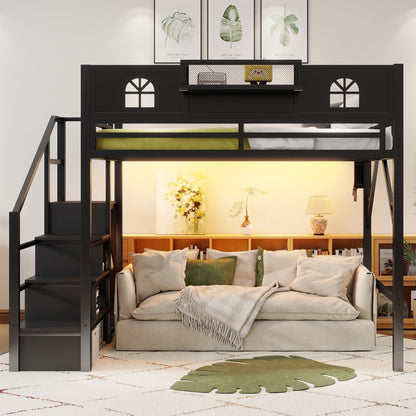 Full Size Loft Bed With Stairs, Metal Full Loft Bed With High And House Shaped Guardrails, High Loft Bed With Wardrobe For Kids Teens, Black