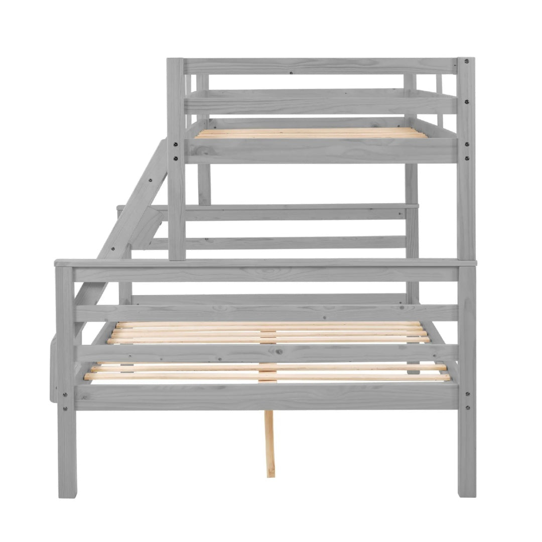 Twin Over Full Bunk Bed With Thick Posts,Wooden Bunk Bed With High Guardrail And Ladder For Kids, Teens, Dorm Rooms, And Guest Rooms,No Box Spring Needed,Grey