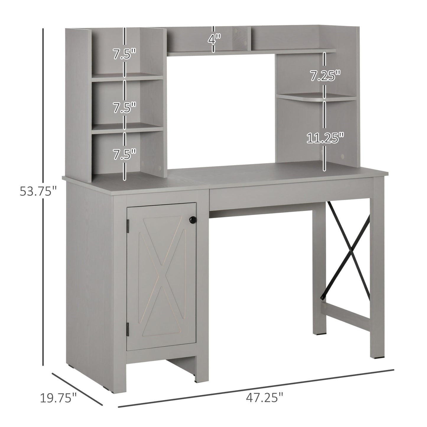 Computer Desk W/ Hutch, Home Office Desk W/ Storage Cabinet, Light Grey