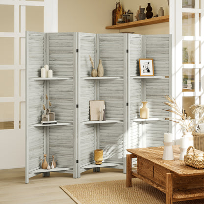 6 Panel 67" Tall Wood Privacy Screen Room Divider with 3 Shelves and Folding Storage for Bedroom, White