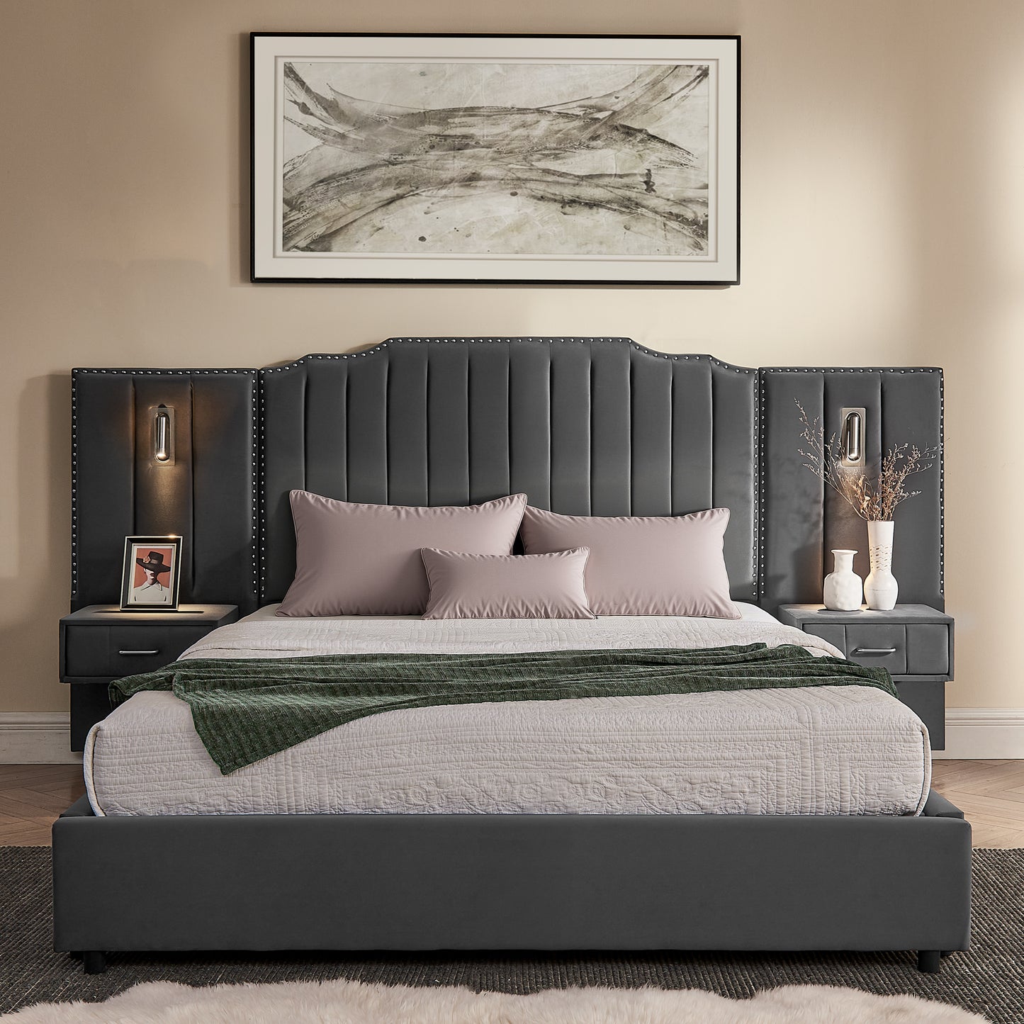 Queen Size Upholstered Bed Frame With Velvet Fabric, Vertical Stripe Design With Buttons Around  Platform Bed With Headboard, Solid Frame & Bedside Table - No Box Spring Needed-Gray