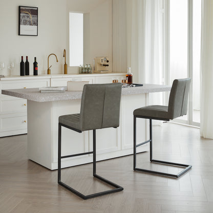 Gray Faux Leather Bar Stool With Vertical Tufted Backrest - Sturdy Black Metal Frame Counter Height Seating With Footrest For Kitchen Island, Home Bar & Dining Space,2 Sets
