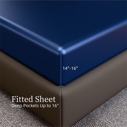 Satin Bed Sheets, Full Size Sheets Set, 4 Pcs Silky Bedding Set With 15 Inches Deep Pocket For Mattress -Full, Navy Blue