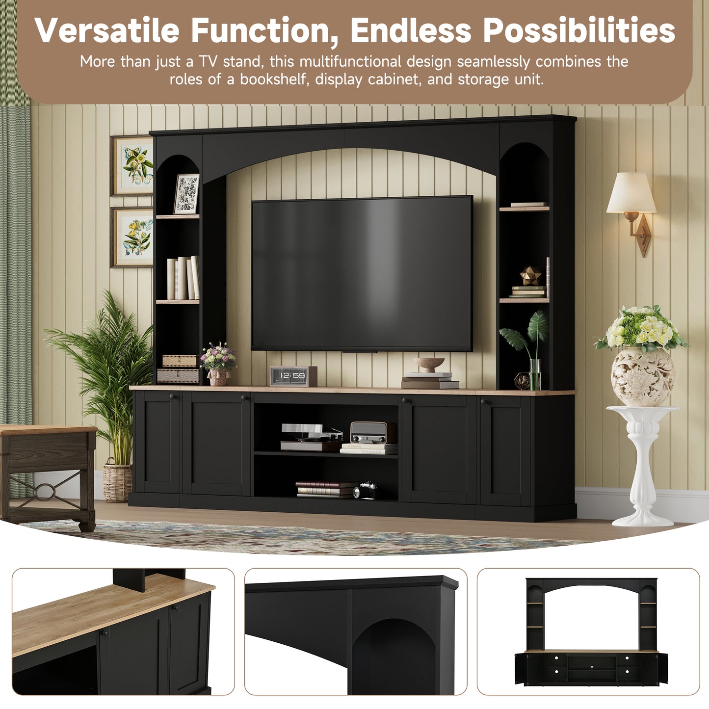 Elegant Arched Entertainment Center Wall Unit With Bookshelf, Farmhouse TV Stand With Wood Grain For TVs Up To 70, 91inch Media Console With Adjustable Shelves For Living Room, Black