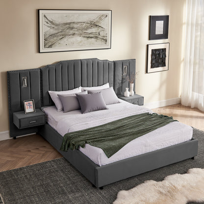 Queen Size Upholstered Bed Frame With Velvet Fabric, Vertical Stripe Design With Buttons Around  Platform Bed With Headboard, Solid Frame & Bedside Table - No Box Spring Needed-Gray