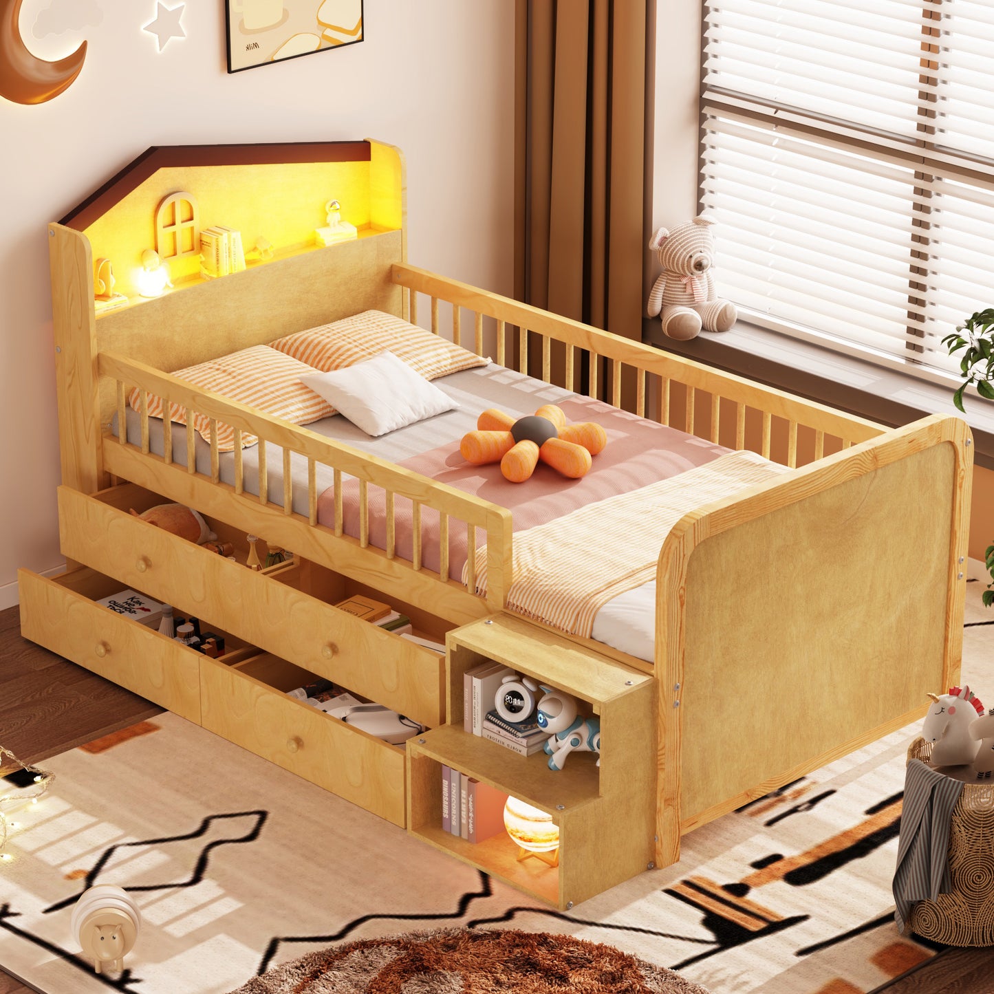 Low Loft Bed With LED Lights, Wooden Twin Loft Bed With House Shape Headboard, Kids Loft Bed With Storage Drawers, Natural Expect Arrival Date 2025 1 20