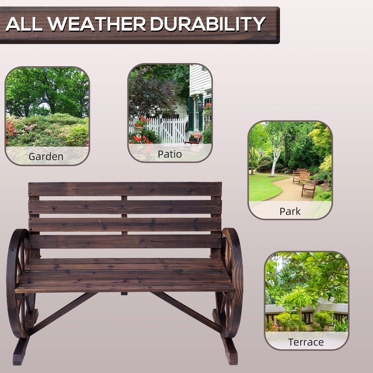 41" Wooden Wagon Wheel Bench, Rustic Outdoor Patio Weather Resistance Furniture, 2-Person Slatted Seat Bench with Backrest, Carbonized