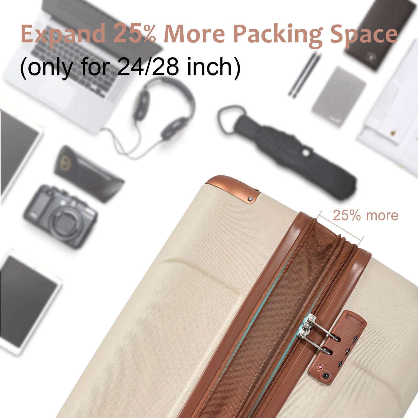 Hardshell Luggage, Lightweight Durable ABS Suitcases With Double Wheels, Expandable 24-inch Checked Luggage 24 White Brown