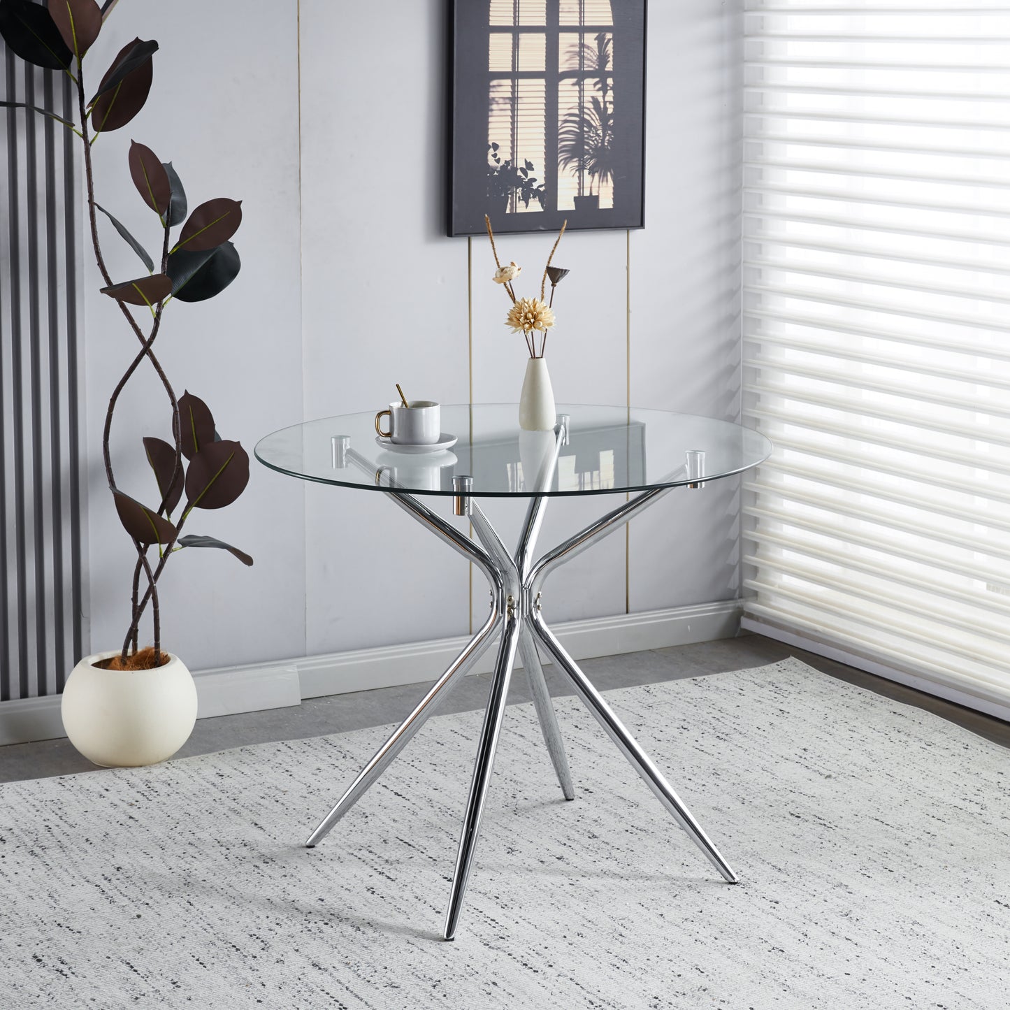 Dining Table With Chrome Metal Leg And Tempered Glass,Modern Space Saving Kitchen Table For Living Room,chrome Color Metal Legs