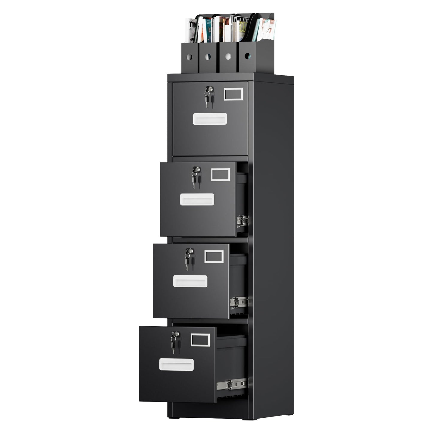 4 Drawer File Cabinet, Metal Vertical Black Filing Cabinets With Lock For Home Office With Name Card Holder For Letter,Legal,A4,F4 Size,Assemble Required