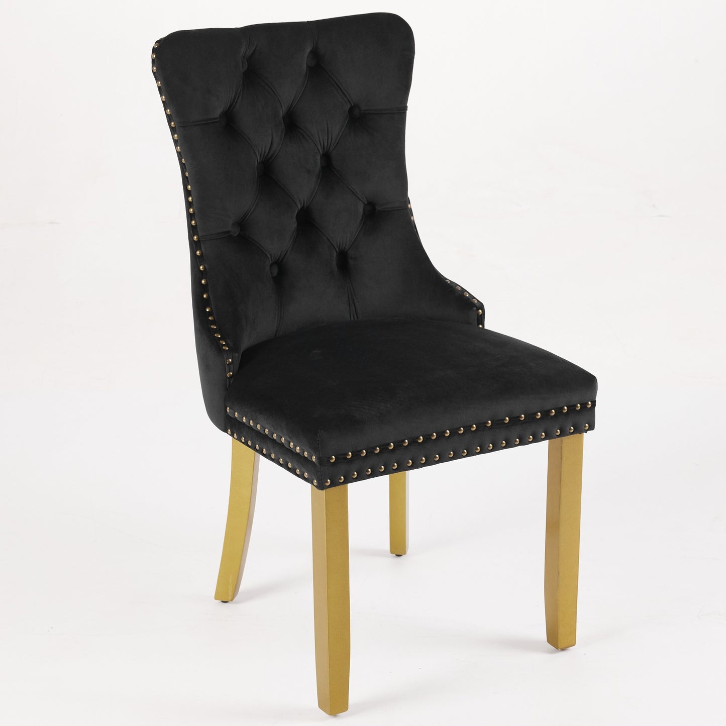 Mid-Century Modern Chairs With Lion Head Pull Ring,High-end Tufted Solid Wood Contemporary Velvet Upholstered Dining Chair With Golden Wooden Legs Nailhead Trim 2-Pcs Set,Black,SW1201BK
