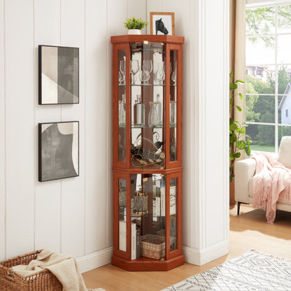 Corner Glass Cabinet Lighted Curio Cabinet Corner Display Case For Living Room, Curio Cabinet, Antique Collection, Wine,Bar Glass Storage Light Included,Dark Cherry
