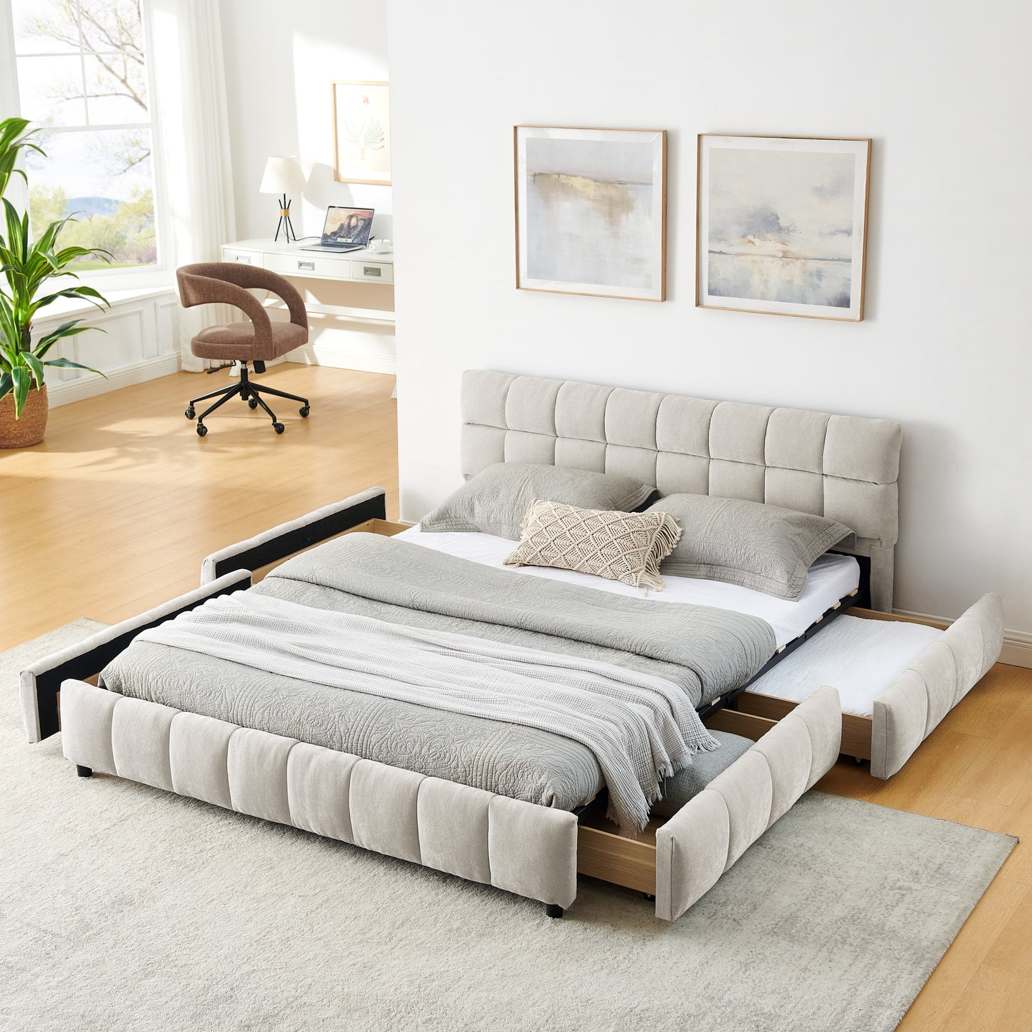 Queen Size Upholstered Bed ,comfortable Upholstered Bed Frame, Chenille Fabric, With Headboard And Solid Bed Frame. With Drawer For Storage.-Beige 88.5x68.5x31