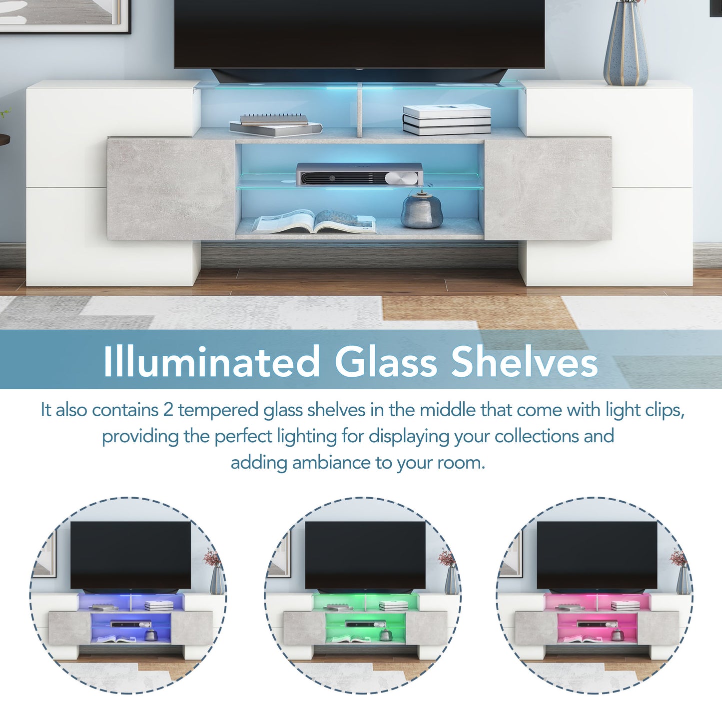 ON-TREND Unique Shape TV Stand With 2 Illuminated Glass Shelves, High Gloss Entertainment Center For TVs Up To 88, Versatile TV Cabinet With LED Color Changing Lights For Living Room, Grey