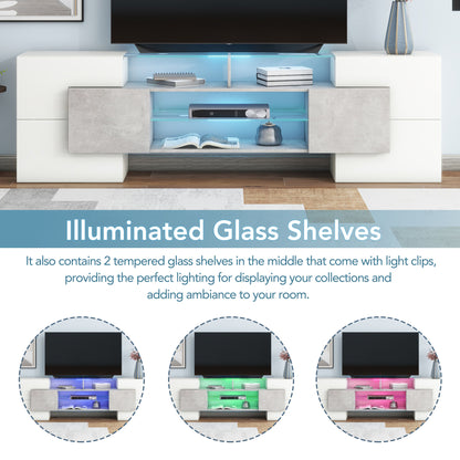 ON-TREND Unique Shape TV Stand With 2 Illuminated Glass Shelves, High Gloss Entertainment Center For TVs Up To 88, Versatile TV Cabinet With LED Color Changing Lights For Living Room, Grey