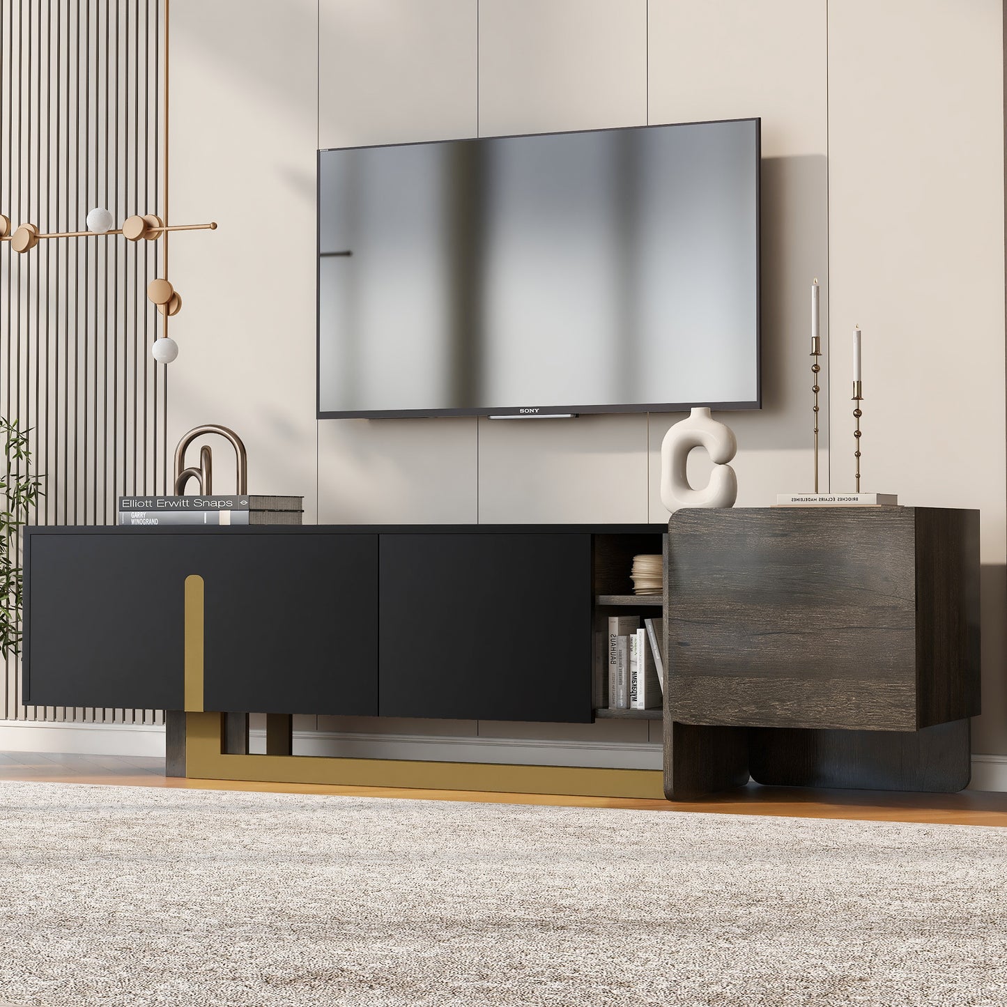 VIBE HAUS  66.7 Light Luxury TV Stand For TVs Up To 70 Inches, Modern TV Cabinet With Metal Legs, 1 Drawer, 2 Cabinets And Adjustable Shelves For Living Room