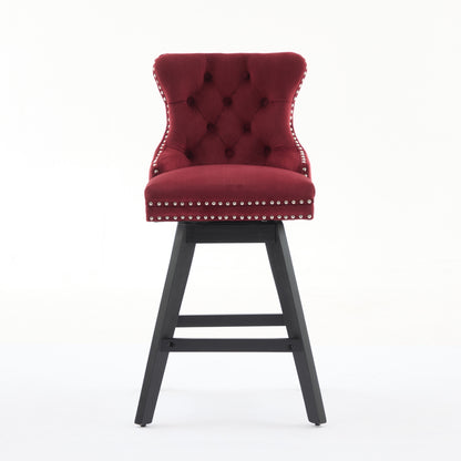 Swivel Velvet Barstools With Button Tufted Decoration And Wooden Legs, And Chrome Nailhead Trim, Leisure Style Bar Chairs,Bar Stools, Set Of 2 Wine Red
