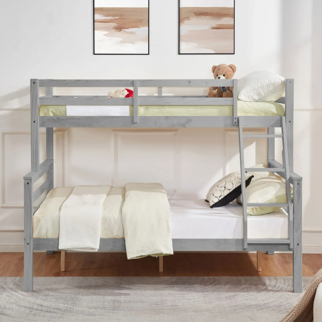 Twin Over Full Bunk Bed With Thick Posts,Wooden Bunk Bed With High Guardrail And Ladder For Kids, Teens, Dorm Rooms, And Guest Rooms,No Box Spring Needed,Grey